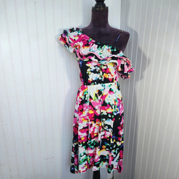 H&M Womens Dress sz 4 One Shoulder Bright Abstract Print Midi Ruffle Pink White - Picture 1 of 13